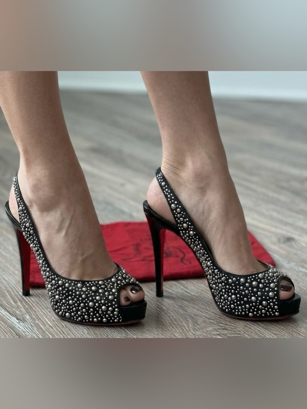 Christian Louboutin Studded Patent Leather Platform Peep Toe Slingback Heels